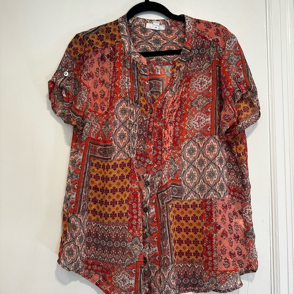 Women’s XL Westport Red Paisley Multiple Pattern Short Sleeve Peasant Blouse. - Picture 1 of 11